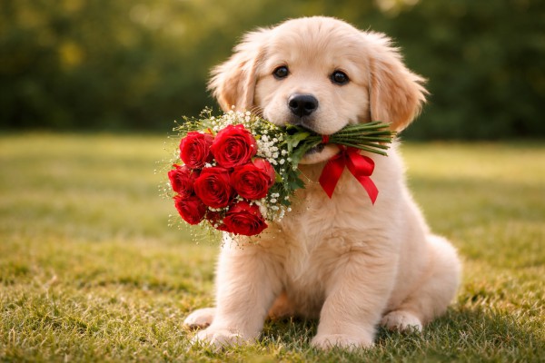 Kucēns ar rožu pušķi - Romantiskas kartiņa 21